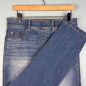 Spanx Women's Large Blue Pull On High Rise Straight Leg Denim Jeans Stretch